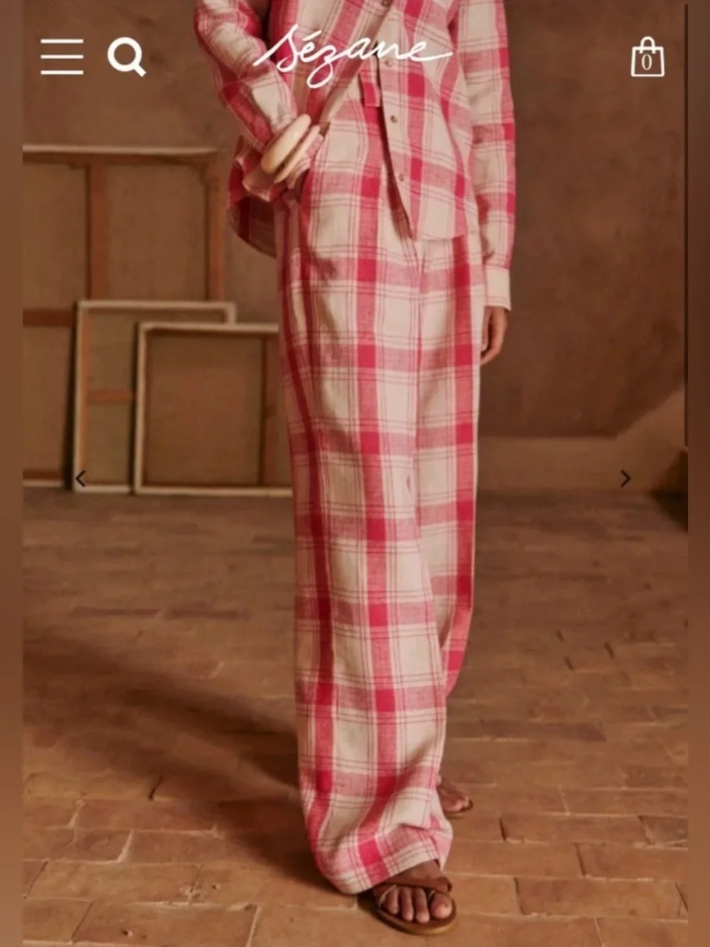 Sezane THÉOPHILE TROUSERS + TOMBOY SHIRT SET Linen In Pink White Check Sz38 US M